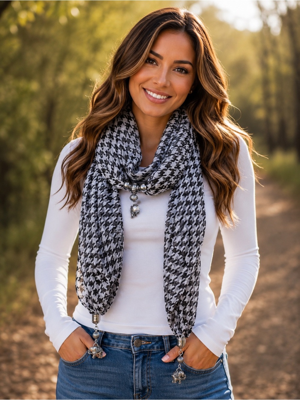 Houndstooth Lightweight Jewelry Scarf with Elephant Charms